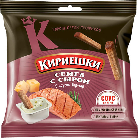 Сухарики соленые Кириешки 85г вкус сыра и семги с соусом тар-тар ООО КДВ Воронеж Россия Кириешки