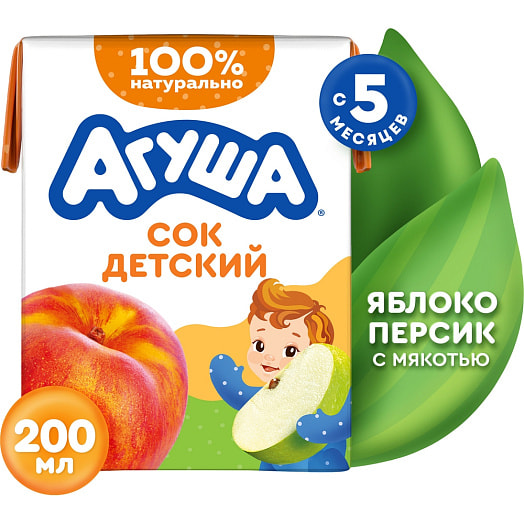 Сок Агуша 200мл тетра-пак яблочно-персиковый без сахара для питания детей с 5 мес. Россия