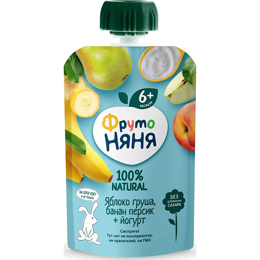 Пюре ФрутоНяня 90г флоу-пак из яблок, груш, бананов и персиков с йогуртом АО Прогресс Россия