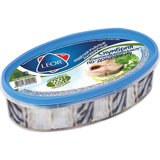 Пресервы Скумбрия атлантическая По-домашнему 300г соленая кусочки в масле СП " Леор Пластик " ООО Беларусь