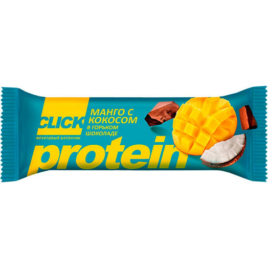 Батончик Click Protein фруктовый манго, кокос в горьком шоколаде 40г Россия