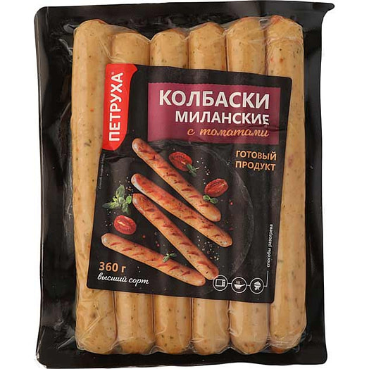 Колбаски Миланские с томатами 360г иск/об. вареные из мяса цыплят-бройлеров Юнимит Беларусь Петруха