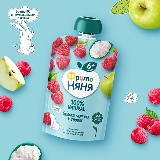 Пюре ФрутоНяня из яблок и малины с творогом 90мл дой-пак для дет/пит. ФрутоНяня Россия