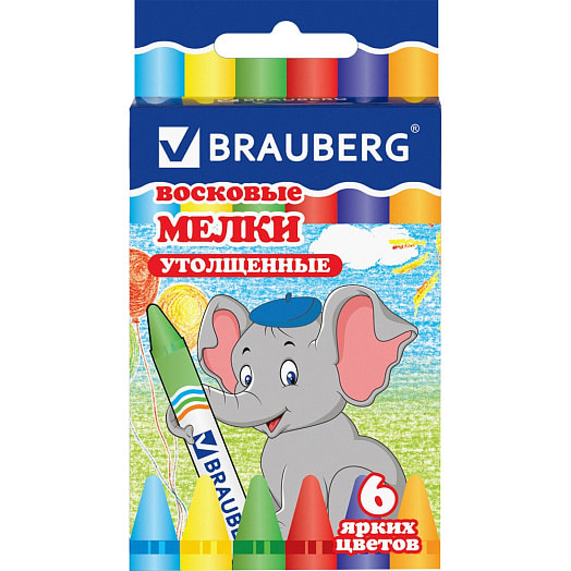 Восковые мелки утолщенные Brauberg кор. 6 цветов арт.222965 Китай