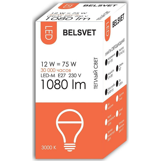 Лампа светодиодная LED-M A60 12 W 3000 K Е27 ОАО БЭЛЗ Беларусь Belsvet