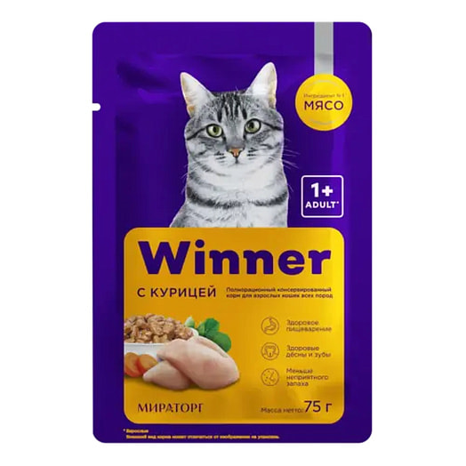 Корм Winner Meat с курочкой в соусе для взрослых кошек всех пород 75г ЗАО СК Короча Россия Мираторг