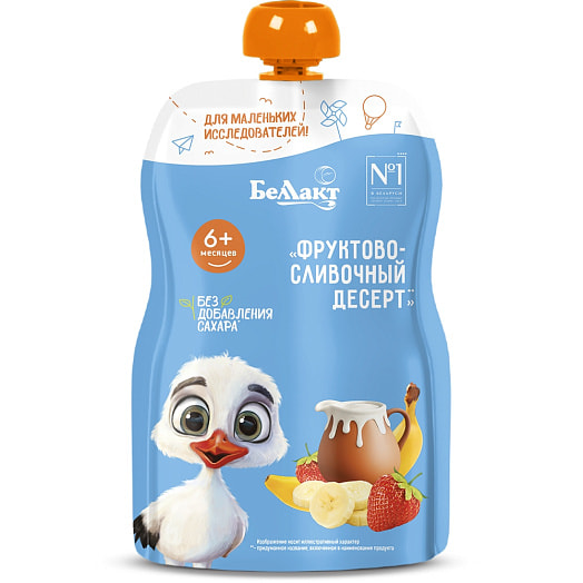 Пюре Беллакт Фруктово-сливочный десерт д/дет пит. 90г дой-пак банан-клубника со сливками Беларусь