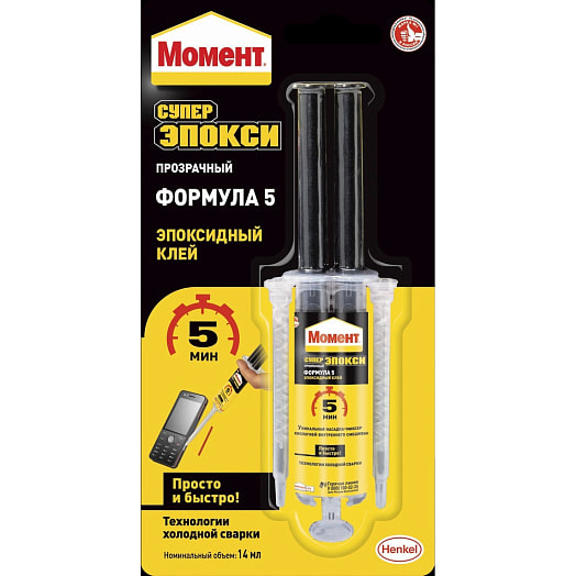 Клей эпоксидный двухкомпонентный супер эпокси прозрачный 14мл в шприце Хенкель Рус ООО Китай Момент