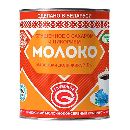Молоко сгущенное м.д.ж. 7% 380г ж/б с сахаром и цикорием Глубокский мол. комб Беларусь