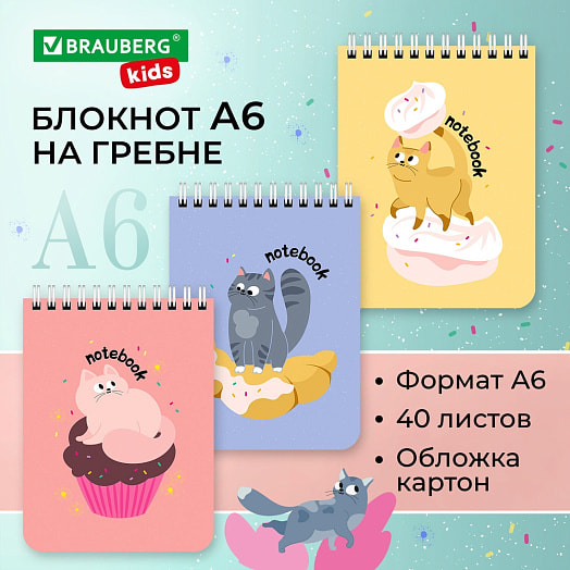 Блокнот Brauberg (А6, 40л, 108*145мм, гребень, клетка) арт.114396 Россия