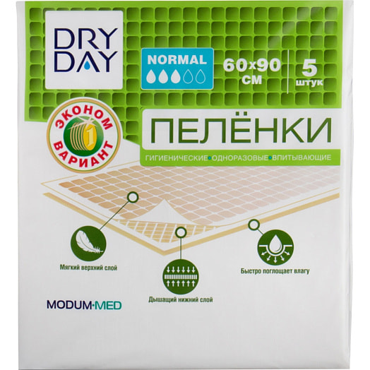 Пеленки гигиен.однораз.впитыв. DRY DAY Normal, 60х90, 5 шт. Совместное открытое акционерное общество Парфюмерно-косметическая фабрика Модум – наша косметика Беларусь MODUM