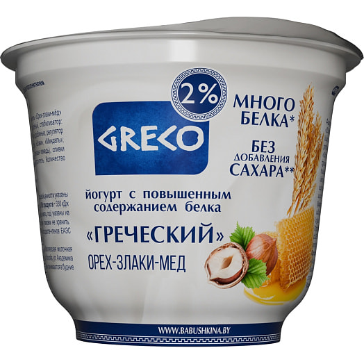 Йогурт Греческий Орех, злаки со вкусом мёда 2% 230г ОАО Бабушкина крынка Беларусь Greco