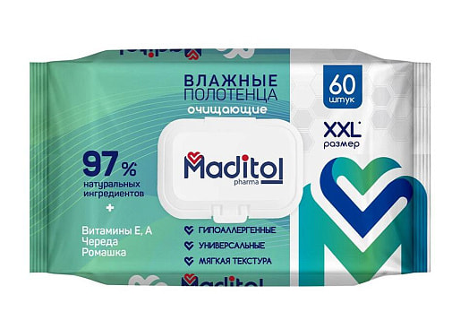 Полотенца влажные Maditol Pharma очищающие 60шт Коттон Клаб Россия Maditol