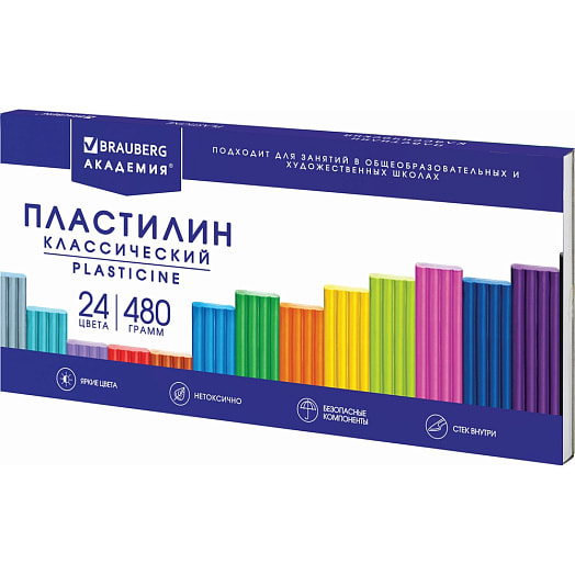 Пластилин классический Brauberg 480г 24 цвета арт.106424 Россия