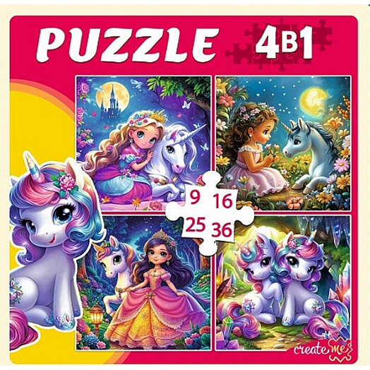 Пазлы 4в1. Принцессы и сказочные единороги (9,16, 25, 36 элементов) арт.П-7588 Россия