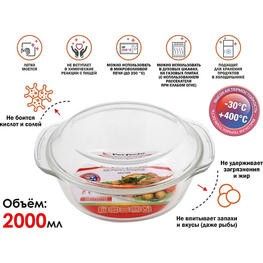 Кастрюля Perfecto linea из жаропрочного стекла, 2.0 л, с крышкой Китай