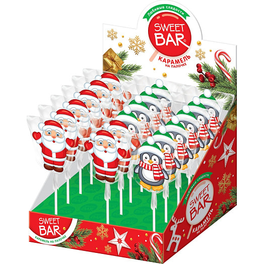 Карамель на палочке SWEET BAR Дед Мороз/Пингвин бабл гам, кола 20г Россия