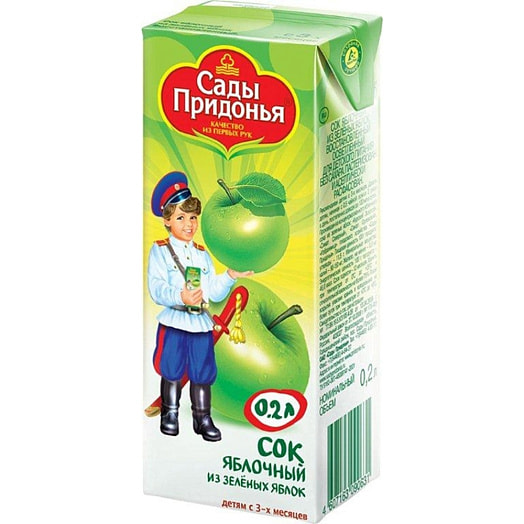 Сок Сады Придонья для дет/пит. 200мл тетра-пак из зеленых яблок восстановленный осветленный без сахара Россия