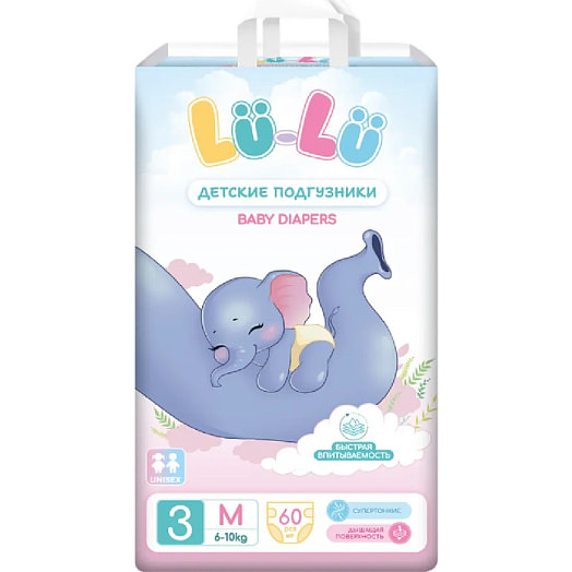 Детские одноразовые подгузники M N3, 60шт FUJIAN LIAO PAPER Co. Ltd Китай LU-LU