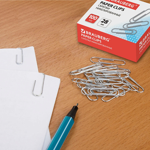 Скрепки Brauberg никелированные 28мм 100шт арт.221523 Россия
