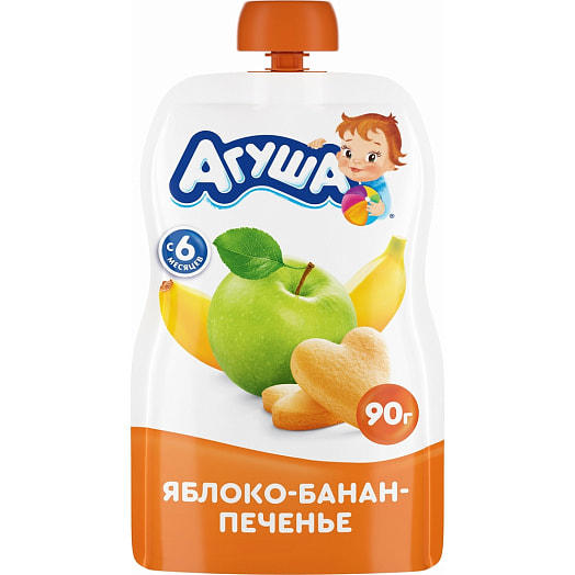 Пюре фруктовое Агуша 90г яблоко-банан-печенье pouch-pack Россия
