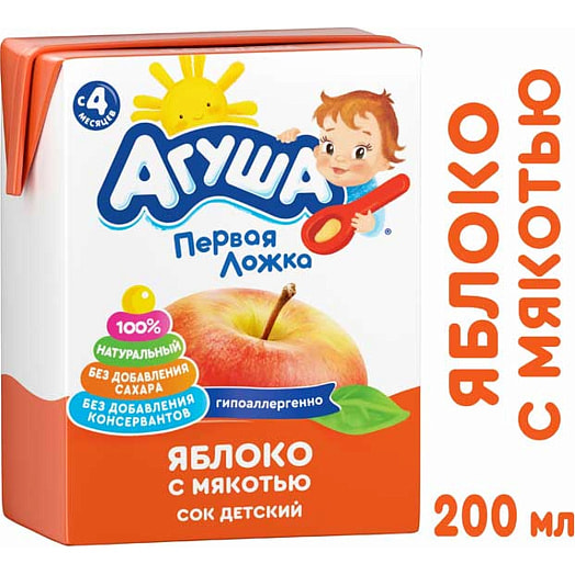 Сок Агуша 200мл тетра-пак яблочный без сахара для питания детей с 4 мес. Россия