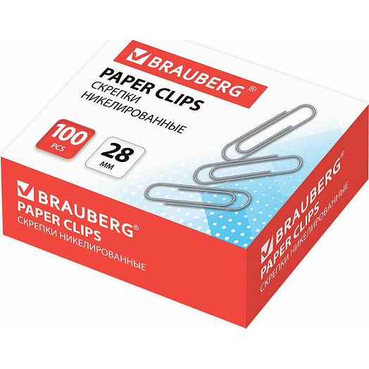 Скрепки Brauberg никелированные 28мм 100шт арт.221523 Россия