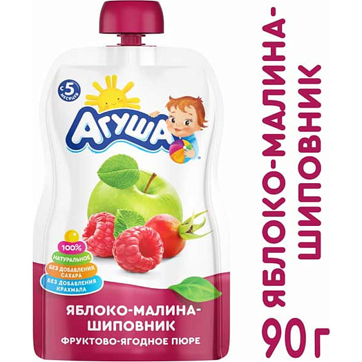 Пюре Агуша 90г дой-пак из яблок, малины и шиповника Испания