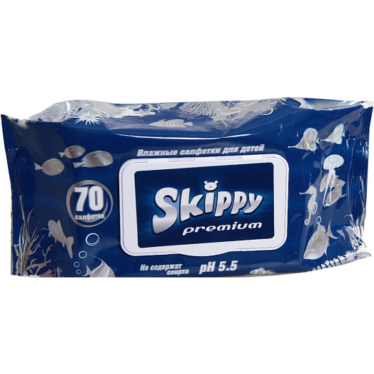 Влажные салфетки для детей Skippy Premium 70 шт ZHEIJIANG HUIHAO DAILY PRODUCTS CO. LTD Китай Skippy