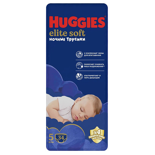 Детские трусики-подгузники Elite Soft Huggies Mega 5 (12-17кг) 34шт Кимберли-Кларк Россия Huggies