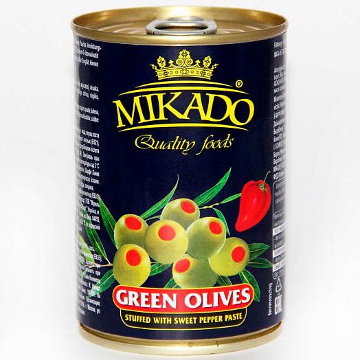 Оливки зеленые Микадо с красным перцем 300г ж/б Испания Микадо