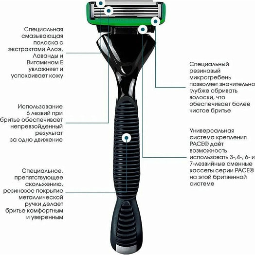 Станок для бритья PACE (+ 2кассеты, 6 лезвий) DORCO Co., Ltd. Вьетнам Dorco