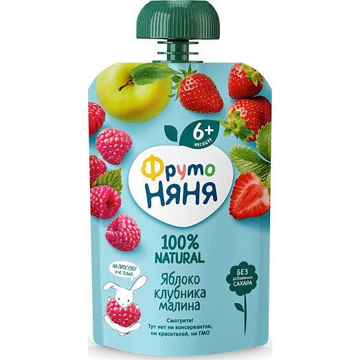 Десерт ФрутоНяня 90г из яблок, клубники и малины для д/п ФрутоНяня Россия