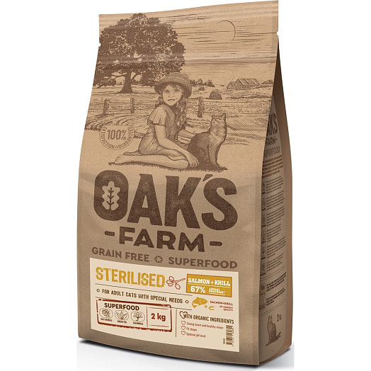 Корм беззерновой Oaks Farm Лосось, криль для стерил кошек 2кг AKVATERA Ltd. Литва Oaks Farm