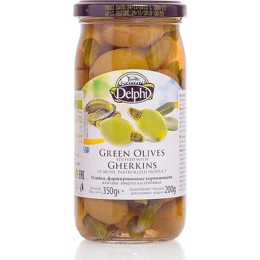 Оливки фаршированные корнишонами в рассоле 350г ст/б Intercomm Foods  S.A. Греция