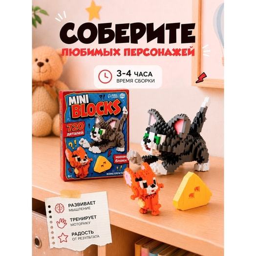 Конструктор Unicon Кот с мышонком 720 деталей арт.10963669 Китай