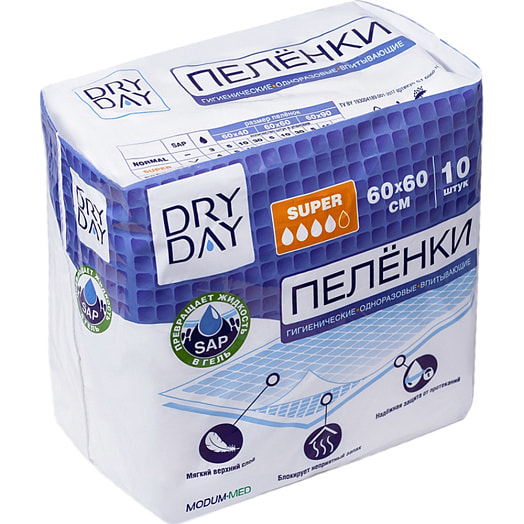 Пеленки гигиен.однораз.впитыв. DRY DAY Super, 60х60, 10 шт. Совместное открытое акционерное общество Парфюмерно-косметическая фабрика Модум – наша косметика Беларусь MODUM