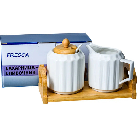 Сахарница, сливочник фарфоровые на бамбуковой подставке арт.PJ03406 Китай