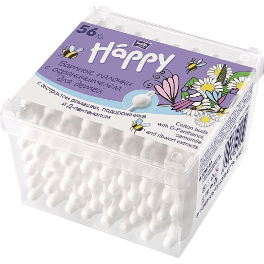 Ватные палочки Bella Baby Happy с экстрактом ромашки, подорожника и Д-пантенолом 56шт TZMO Россия Balla Cotton
